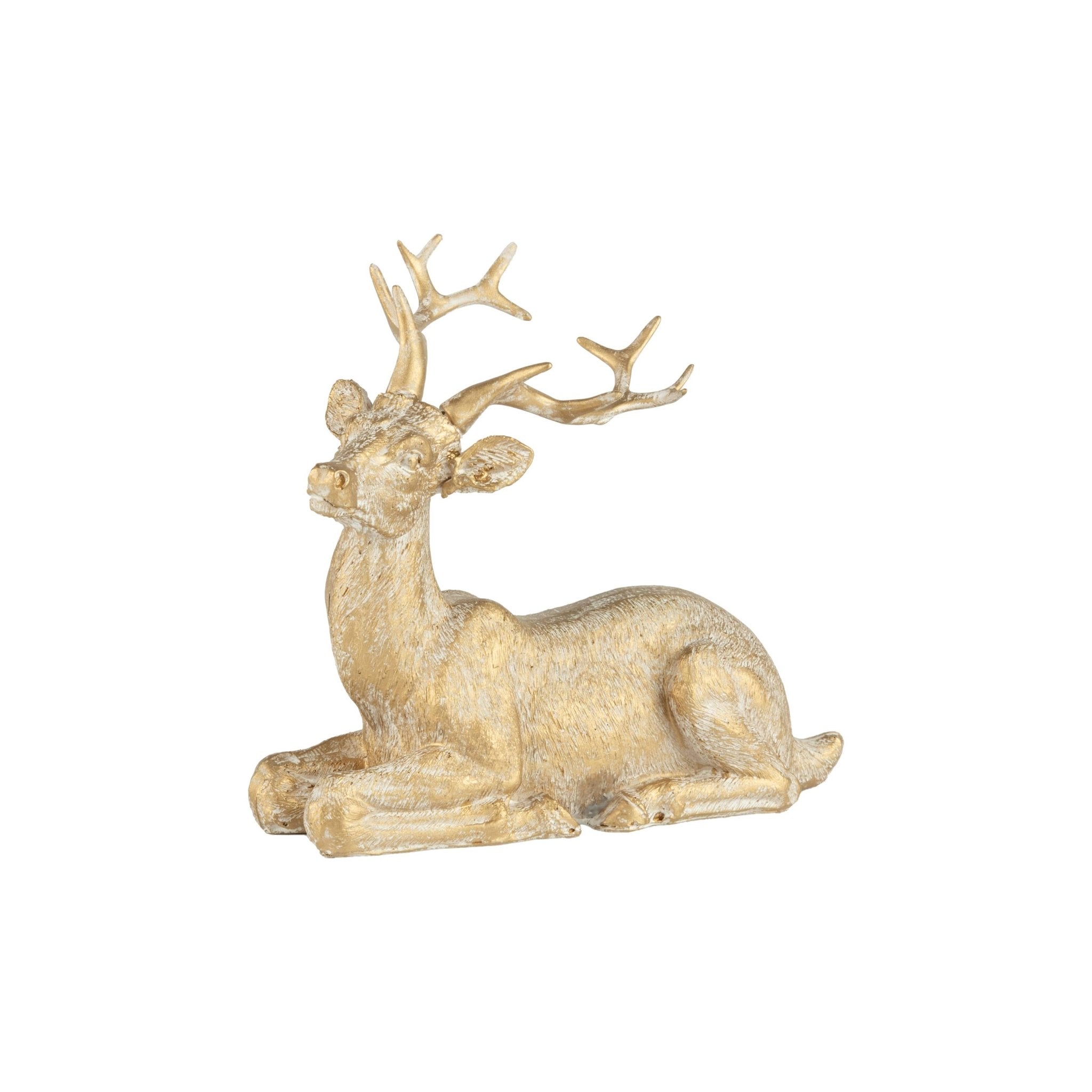 A21689: Resin tabletop resting rdeer,gold,white wash,5.5in - Natura Soylights