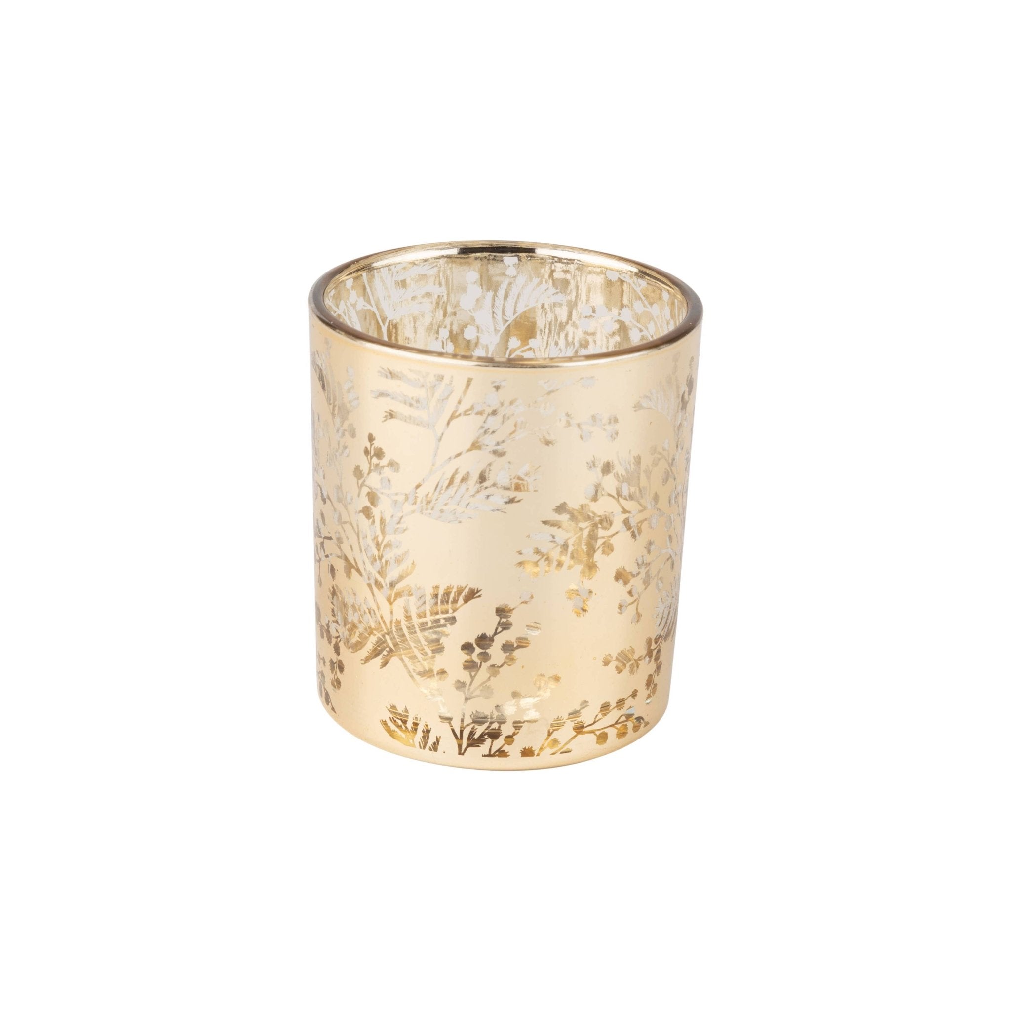 Gold Leaves & Berries Glass Tealight Holder - Natura Soylights