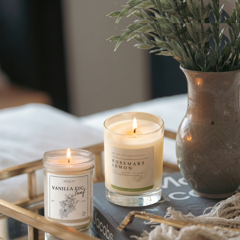 Natura Soy Vanilla Fig Leaf and Rosemary Lemon soy candles burning