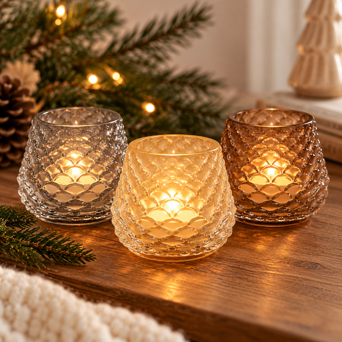 Pinecone Textured Glass Tealight Holders – Set of 3