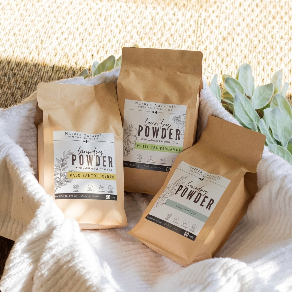 Three bags of laundry powder with labels on a textured surface with plants in the background