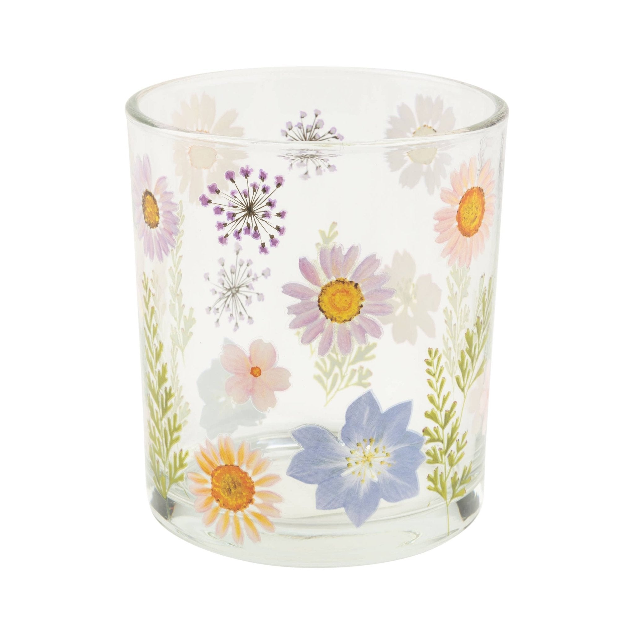 A00152:Clear glass votive holder with wildflower print - Natura Soylights