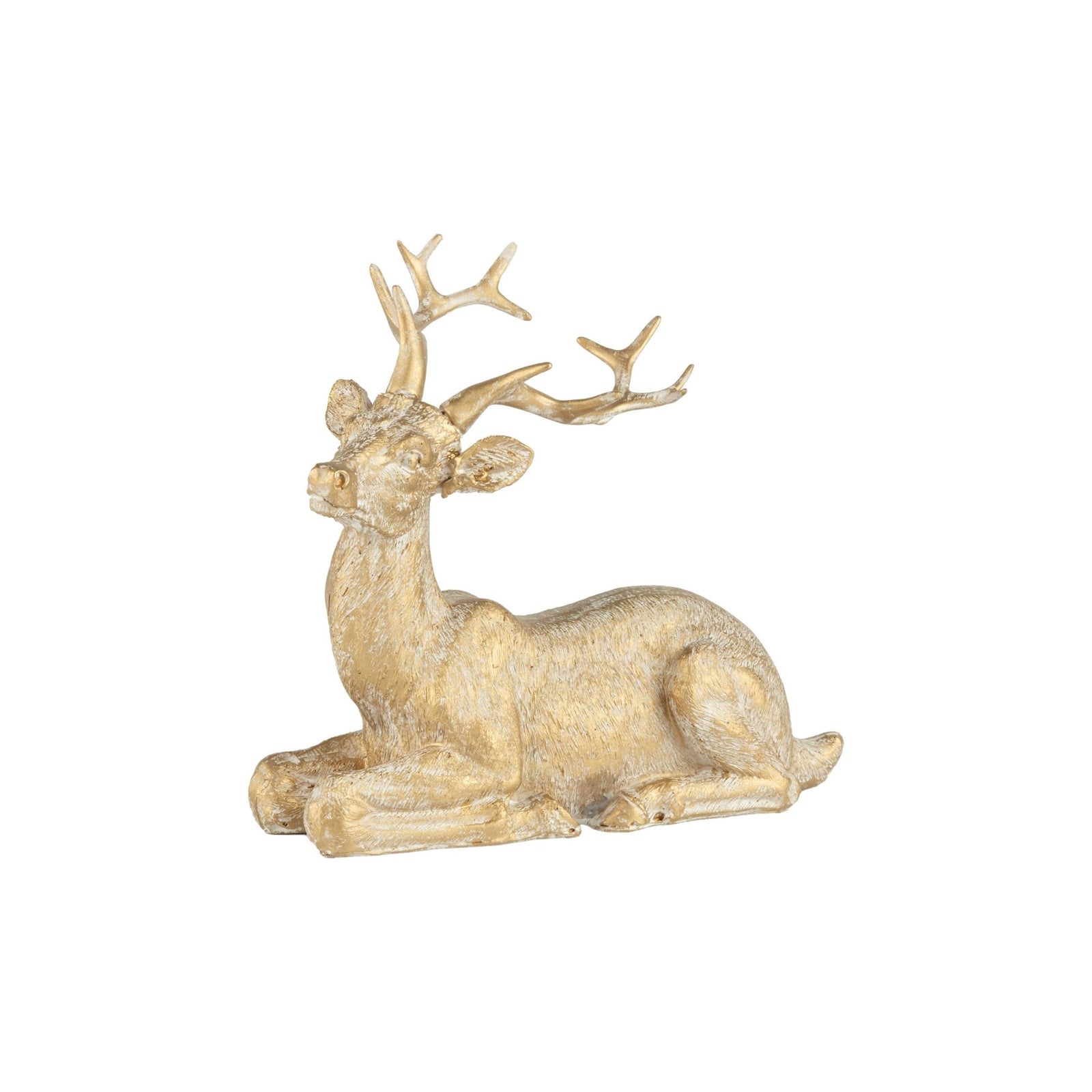 A21689: Resin tabletop resting rdeer,gold,white wash,5.5in - Natura Soylights
