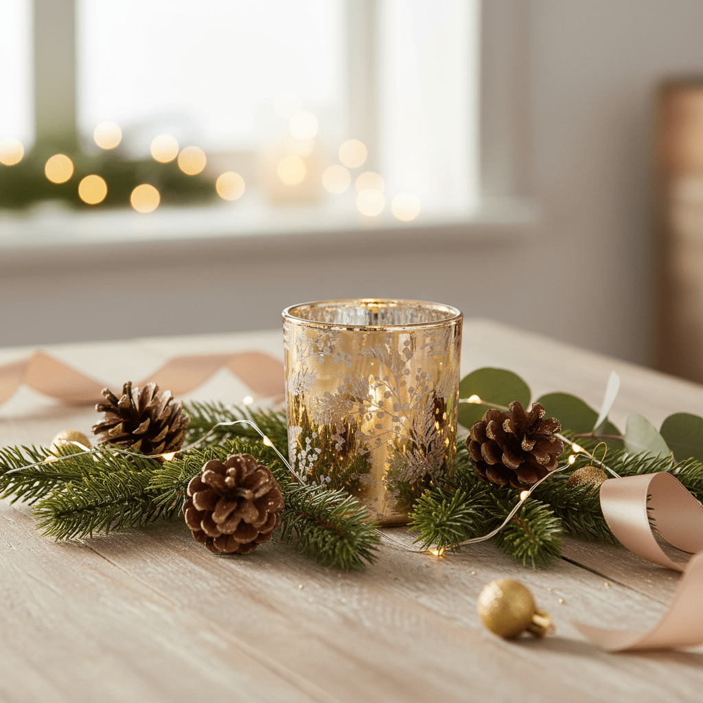 Gold Leaves & Berries Glass Tealight Holder - Natura Soylights