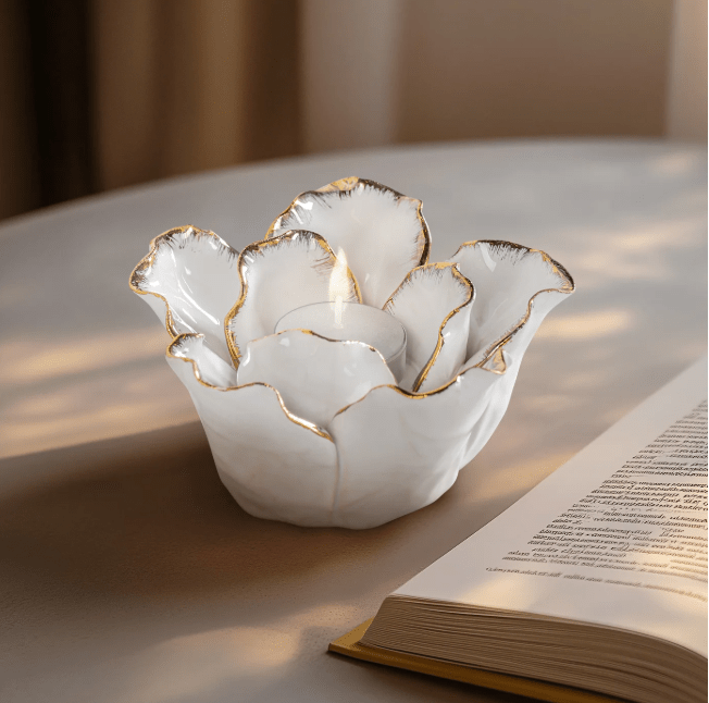 Gold Tipped White Flower Ceramic Tealight Holder - Natura Soylights