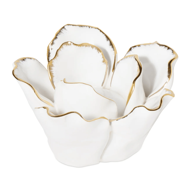 Gold Tipped White Flower Ceramic Tealight Holder - Natura Soylights