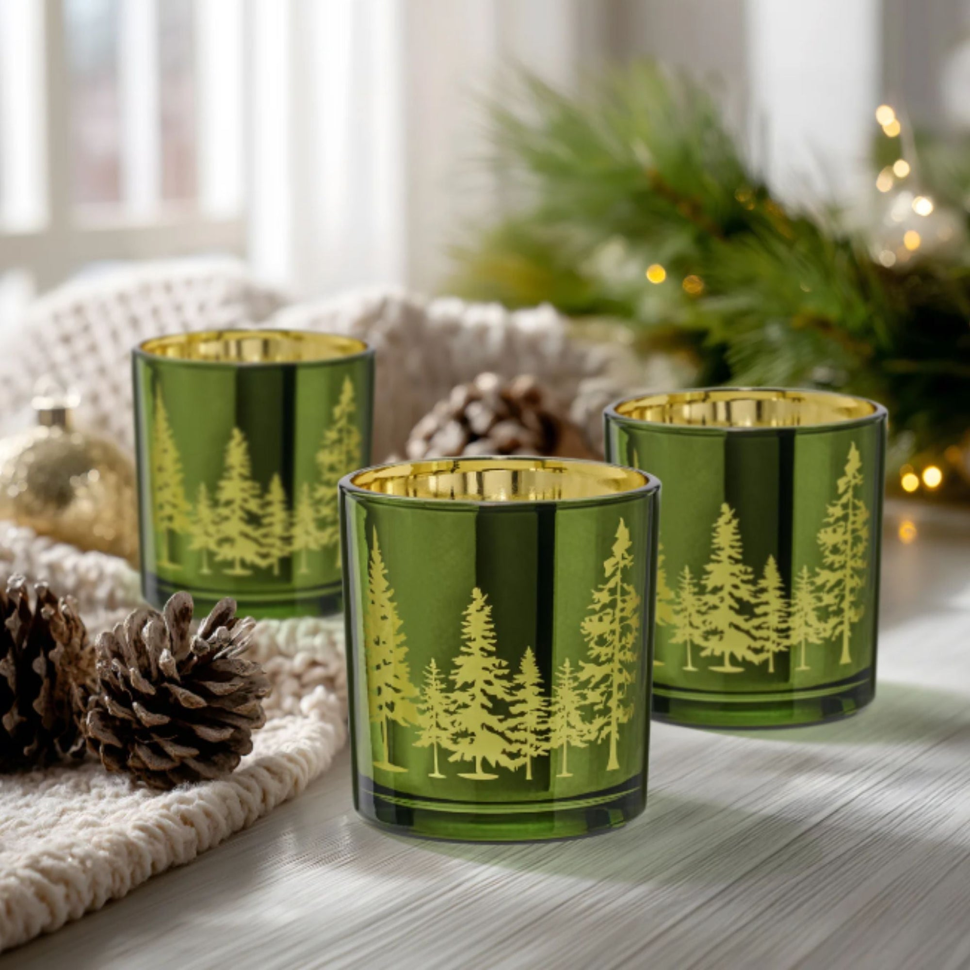 Pine Ridge Silhouette Green Glass Candle Holder Set - Natura Soylights