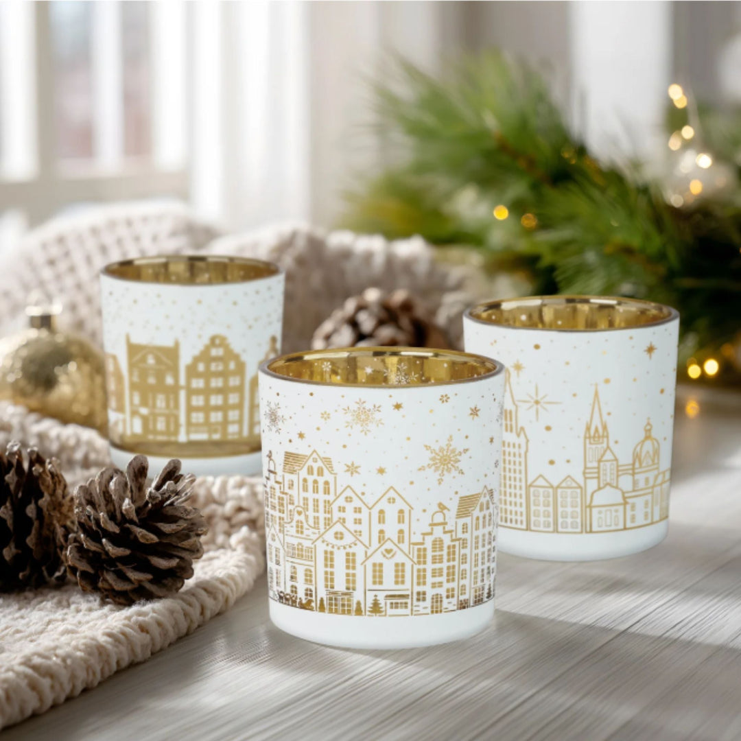 Winter Village White Glass 3 Piece Candle Holder Set - Natura Soylights