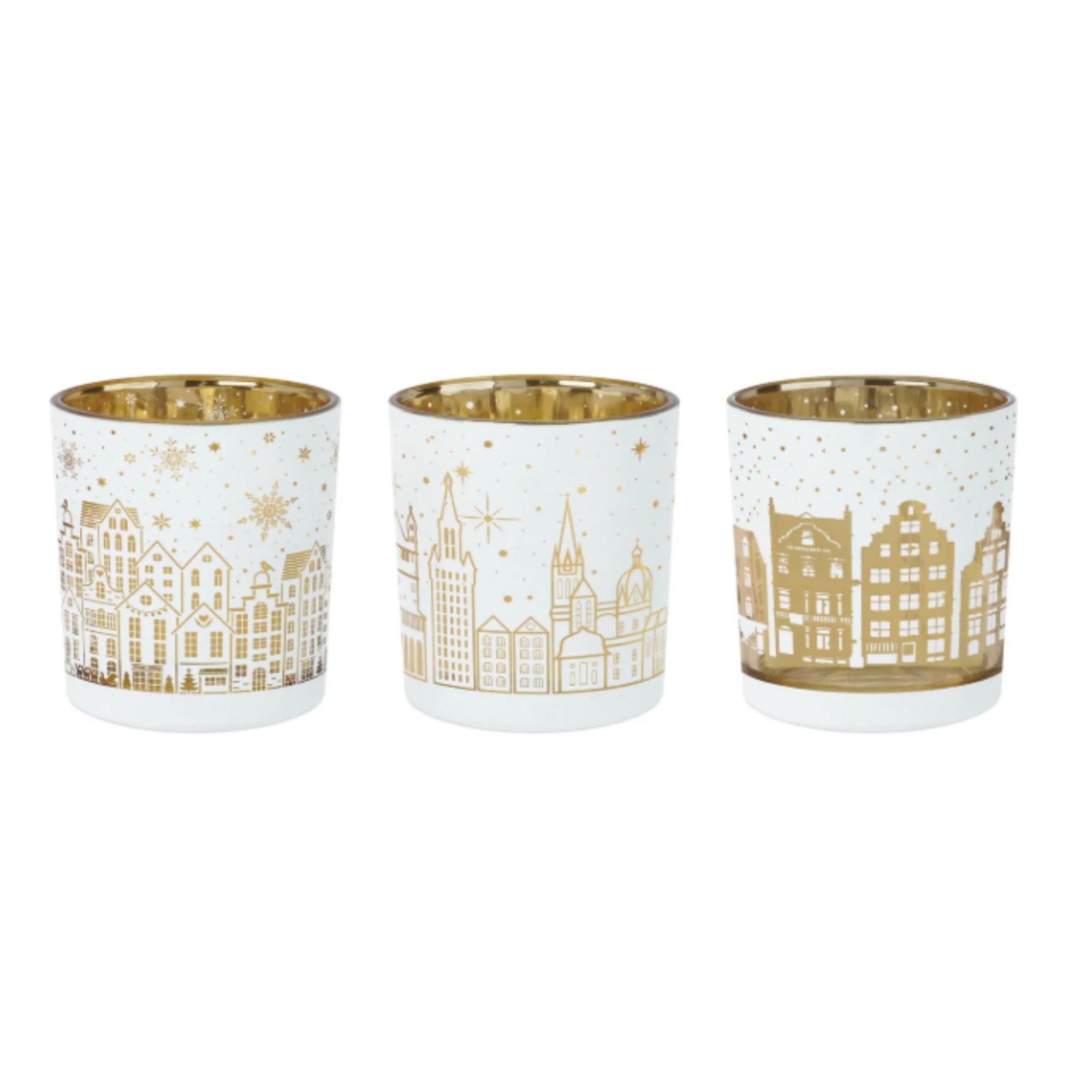 Winter Village White Glass 3 Piece Candle Holder Set - Natura Soylights