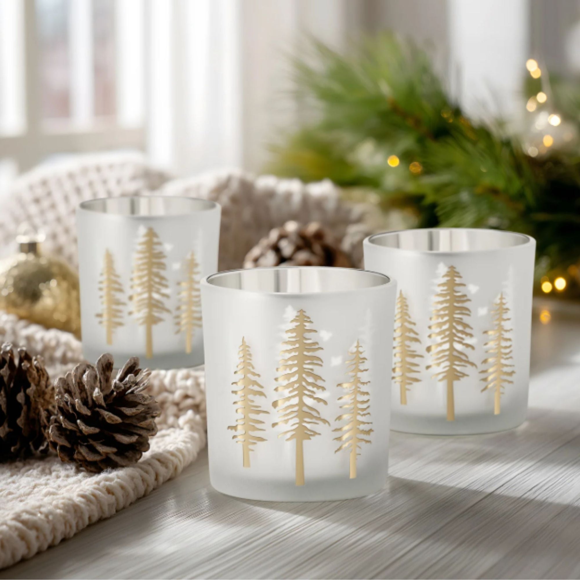 Woodland Pine Etched Mirror Glass Candle Holder Set - Natura Soylights